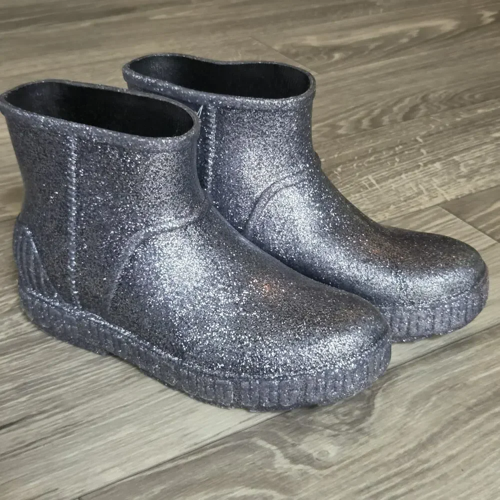 US 5 Ugg Silver Glitter Rain Booties Womens